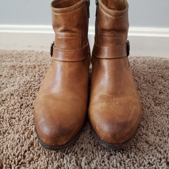 Frye heeled ankle bootie leather brown buckle side zip 8 - Picture 2 of 9